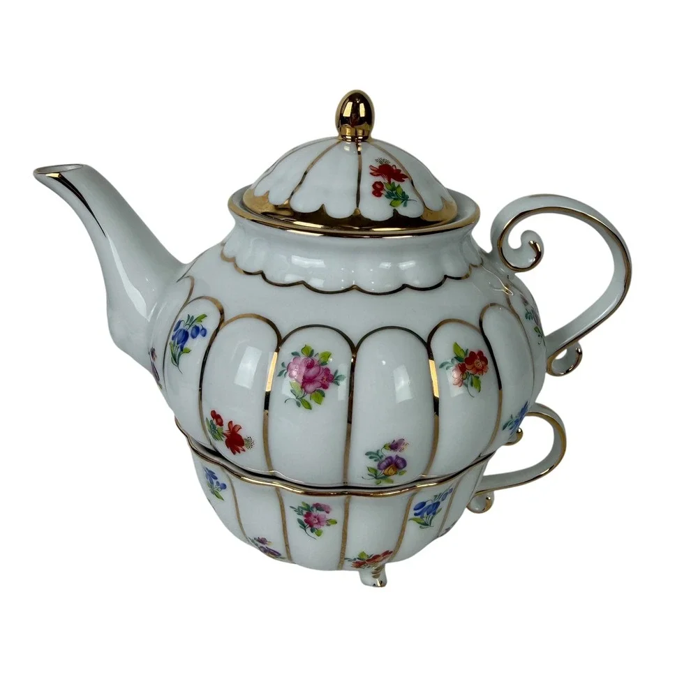 Ganz Floral Porcelain Tea for One Set White Gold Trim Stackable Teapot Teacup